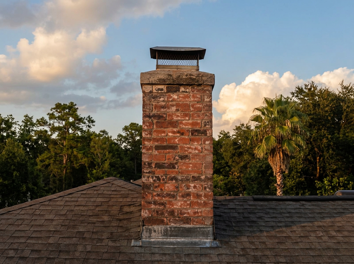 Brick chimney with a metal cap and flashing on a shingle roof